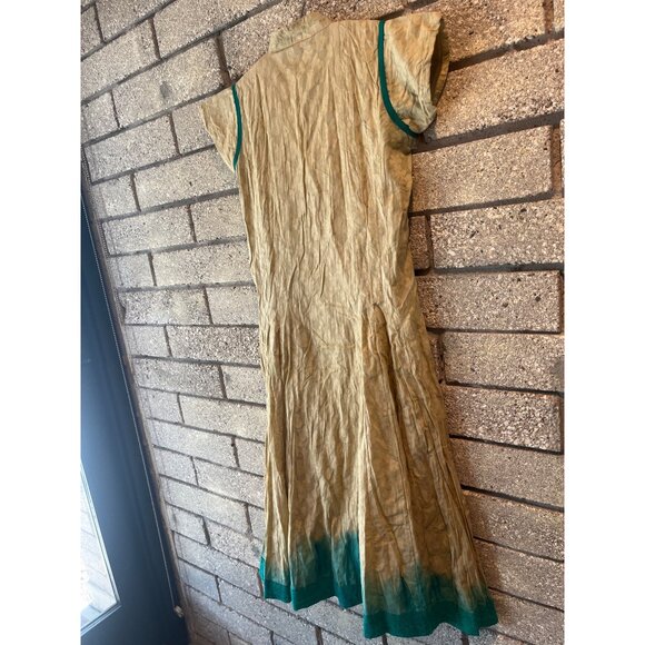 Vintage Beige & Teal Button-Front Dress With Embroidered Floral Patterns & Cap S - Picture 13 of 13